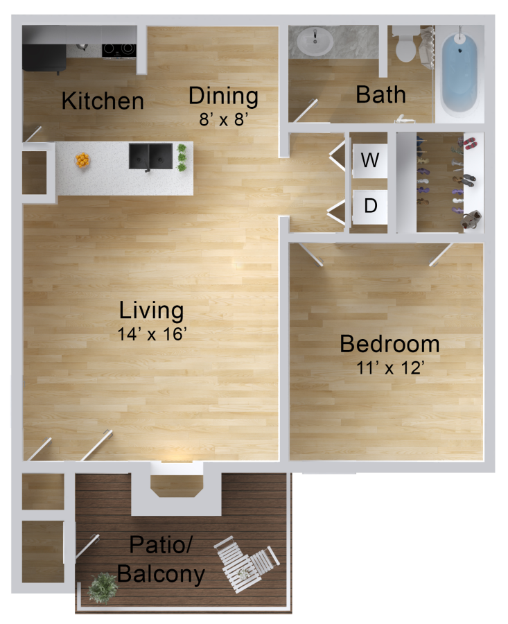 The Pinnacle Apartments - The Aspen 1 bed 1 bath floor plan