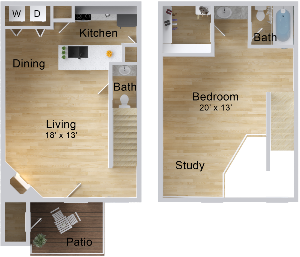 The Pinnacle Apartments - The Tahoe 1 bed 1.5 bath floor plan